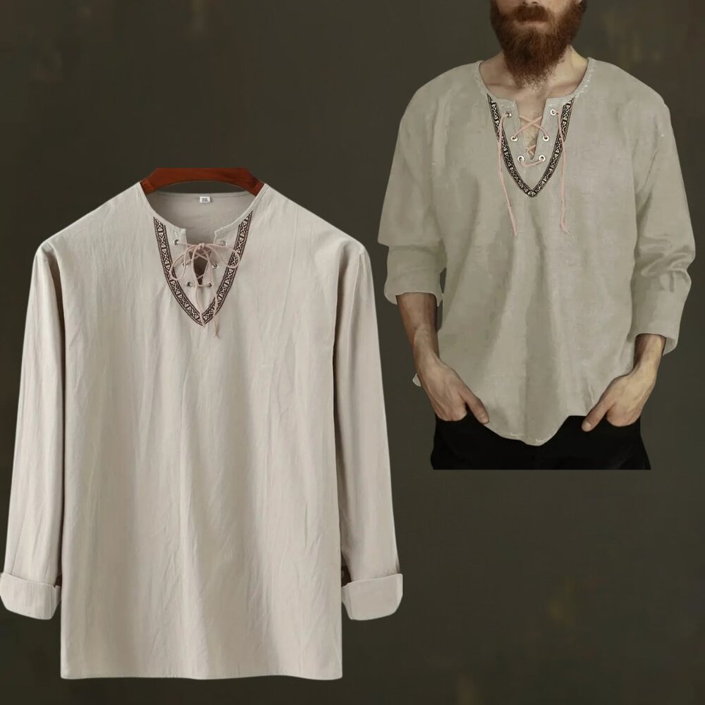 Medieval European Men Linen Ancient Slavic Embroidery ShirtTop Cosplay Costume
